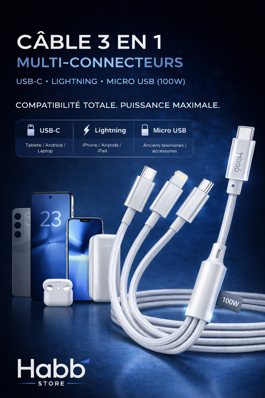 3-in-1-kabel met meerdere aansluitingen