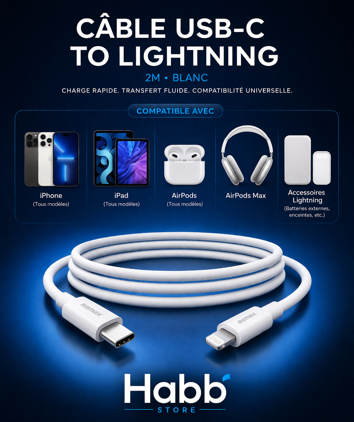 Câble USB-C vers Lightning 2M Blanc