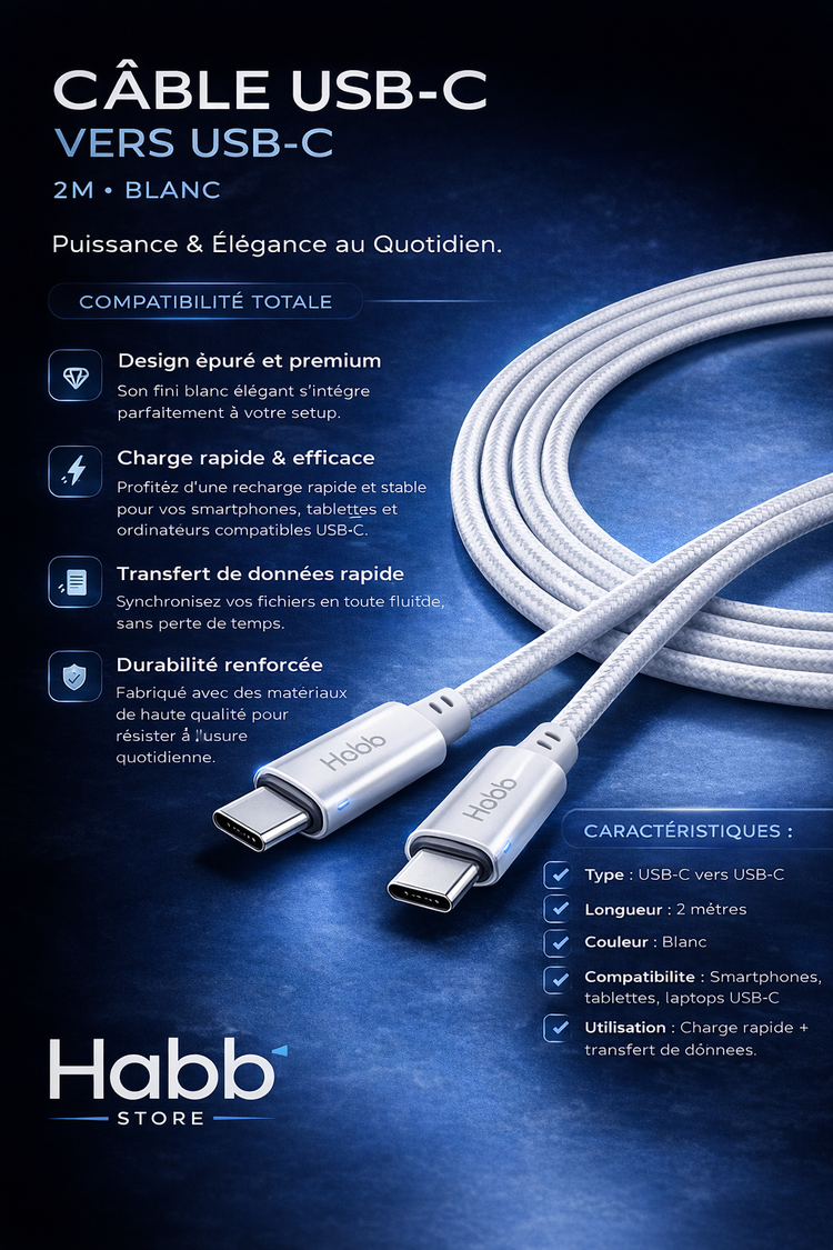 Câble USB-C vers USB-C 2M Blanc