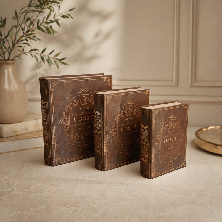 Lot de boîtes de rangement façon livres anciens – Collection marron classique