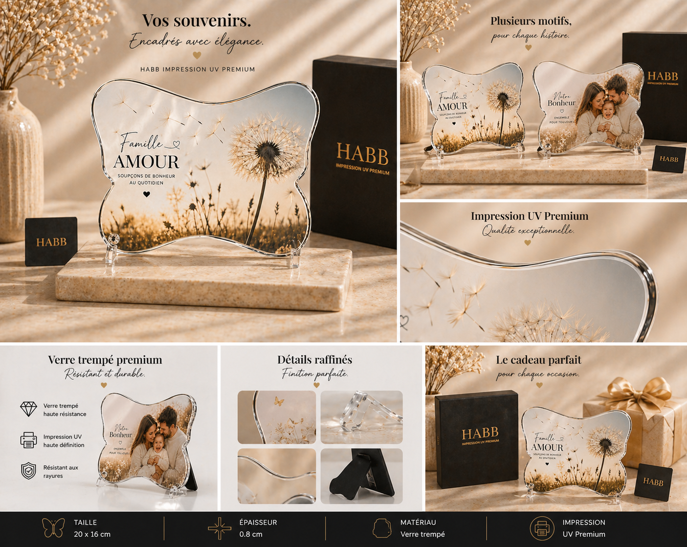 Cadre photo en verre de sublimation en forme de papillon